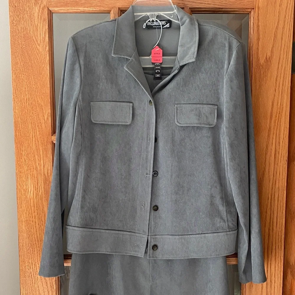 Inclinations Women’s Olive Green 2 Piece Set Jacket Midi Skirt Women’s L NWT